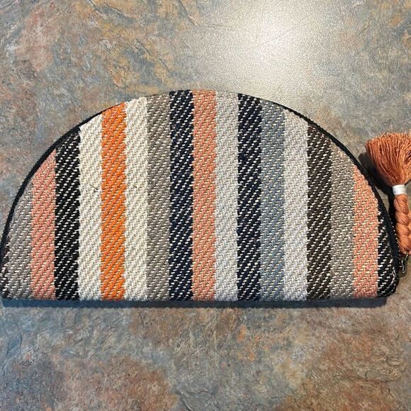 Boho Stripped Canvas Half Moon Zip Clutch Purse - Picture 1 of 8